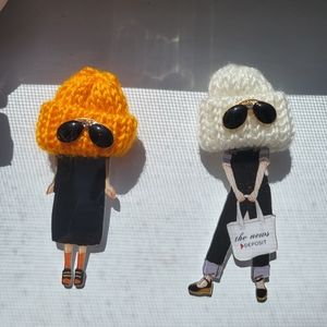2 New! cute acrylic brooches/pins, girl with wool hat and glasses badges